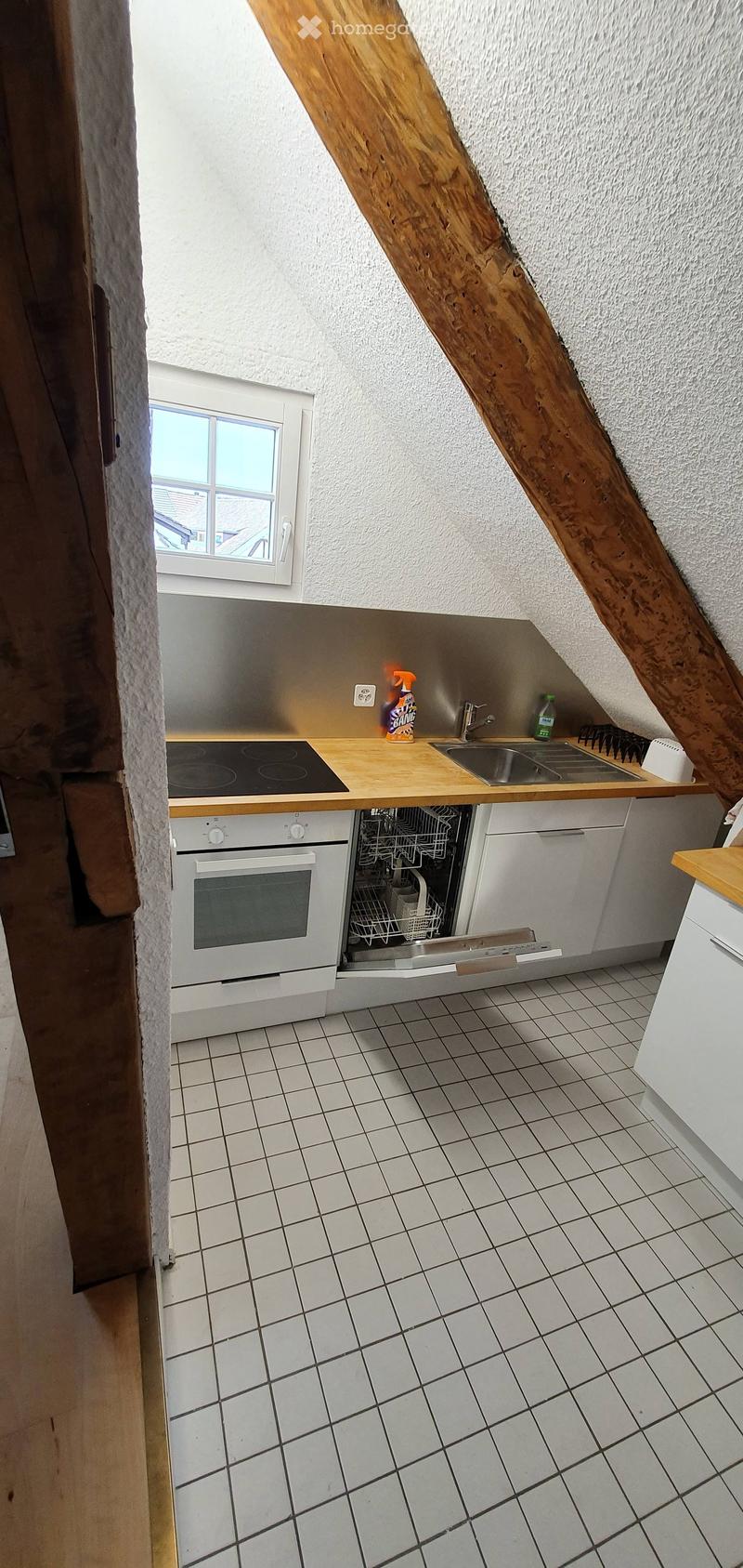 Compact kitchen with white tiled floor, wooden countertop, stainless steel sink, oven, and dishwasher. Cleaning supplies visible on the counter.