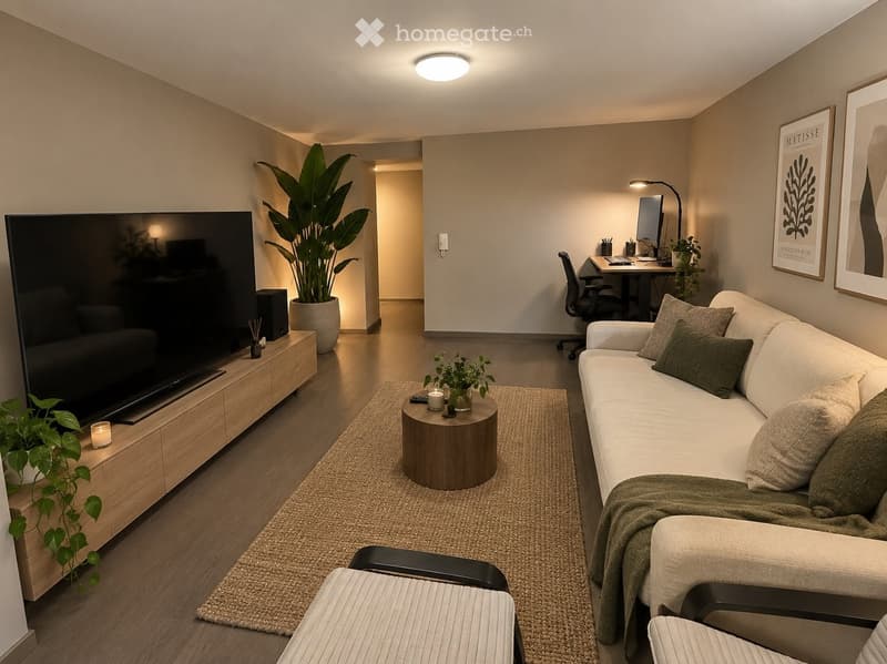 Modern living room with a white sofa, coffee table, TV stand, desk, and plants. Features a large flat-screen TV, a round coffee table, and a cozy seating area.