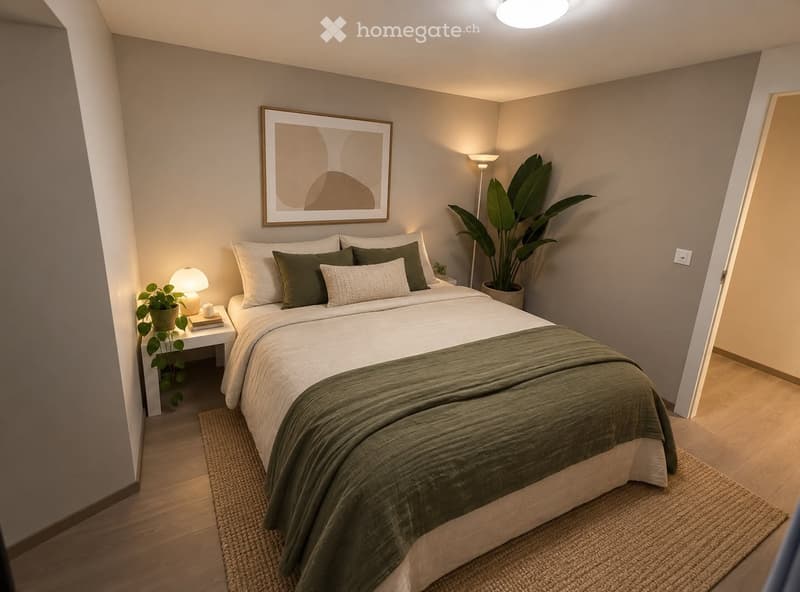 Modern bedroom with a neatly made bed, nightstand, table lamp, and decorative plants.