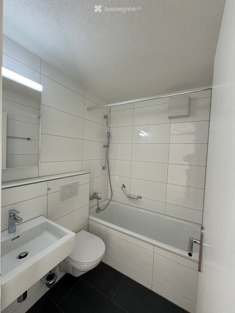 Modern bathroom with white tiles, a bathtub, toilet, sink, and mirror. Features a glass shower enclosure with a handheld showerhead and a built-in shelf.
