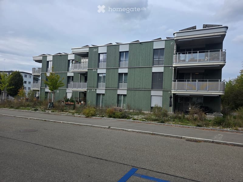 Modern three-story building with green siding, large windows, and balconies. The ground floor has a covered entrance and some potted plants near the sidewalk.
