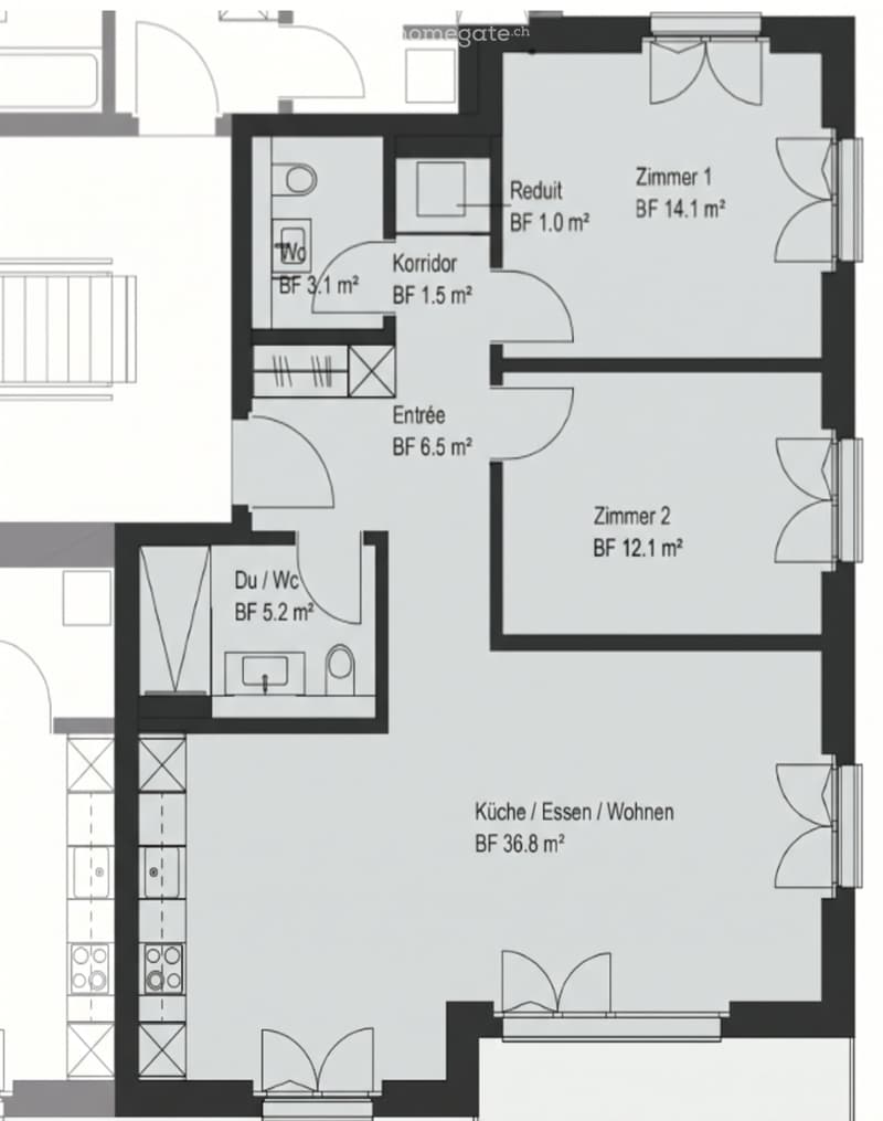 Floor plan of a 2-bedroom apartment with a combined kitchen/dining/living area, a bathroom, a hallway, and an entrance area.