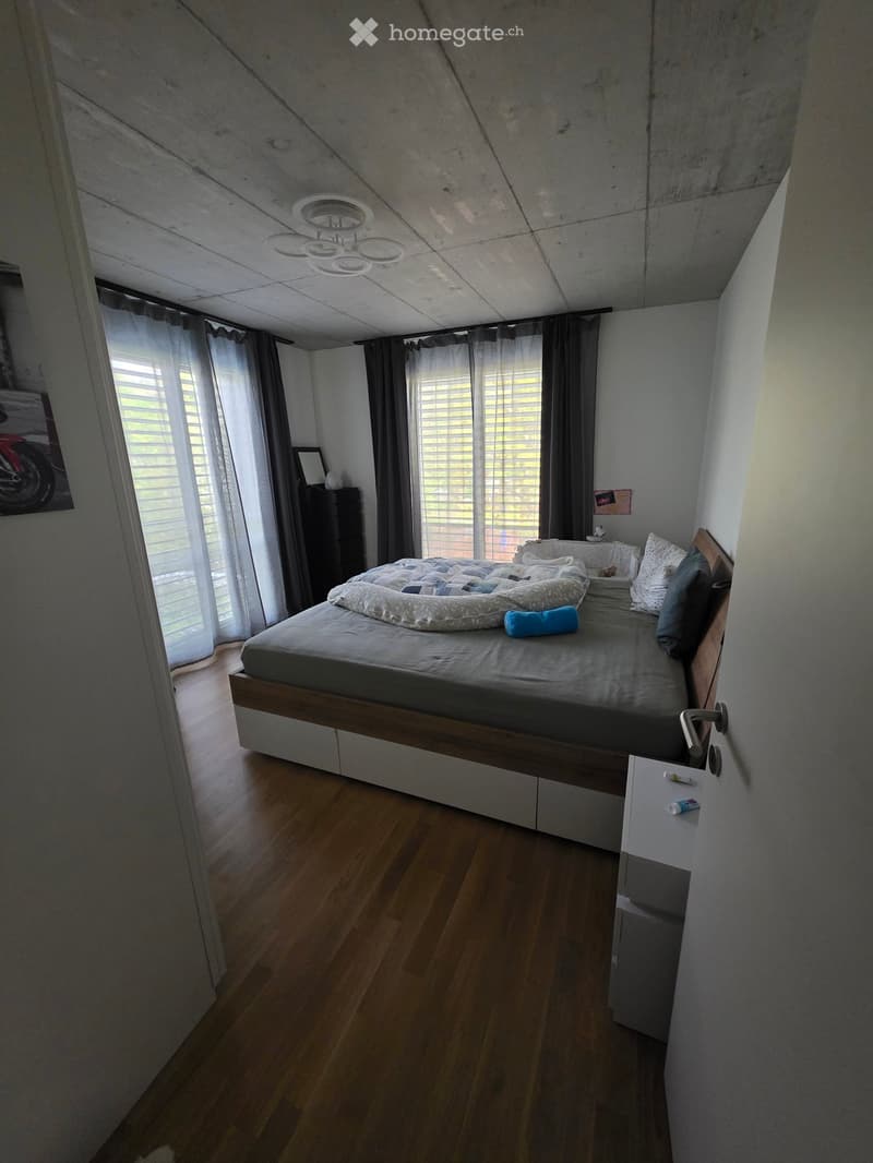 Modern bedroom with wooden flooring, a large bed with pillows and a blanket, a nightstand, and large windows with curtains.