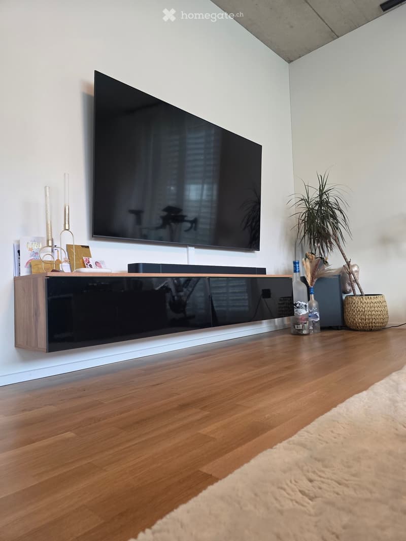 Modern living room with a large flat-screen TV mounted on the wall, a sleek wooden cabinet below, a decorative lamp, a potted plant, and a bottle on the floor.