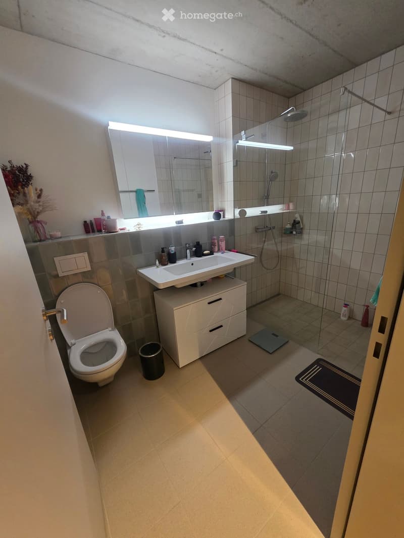 Modern bathroom with a white sink, toilet, large mirror, and glass-enclosed shower. Includes a cabinet under the sink, a trash can, and various toiletries.