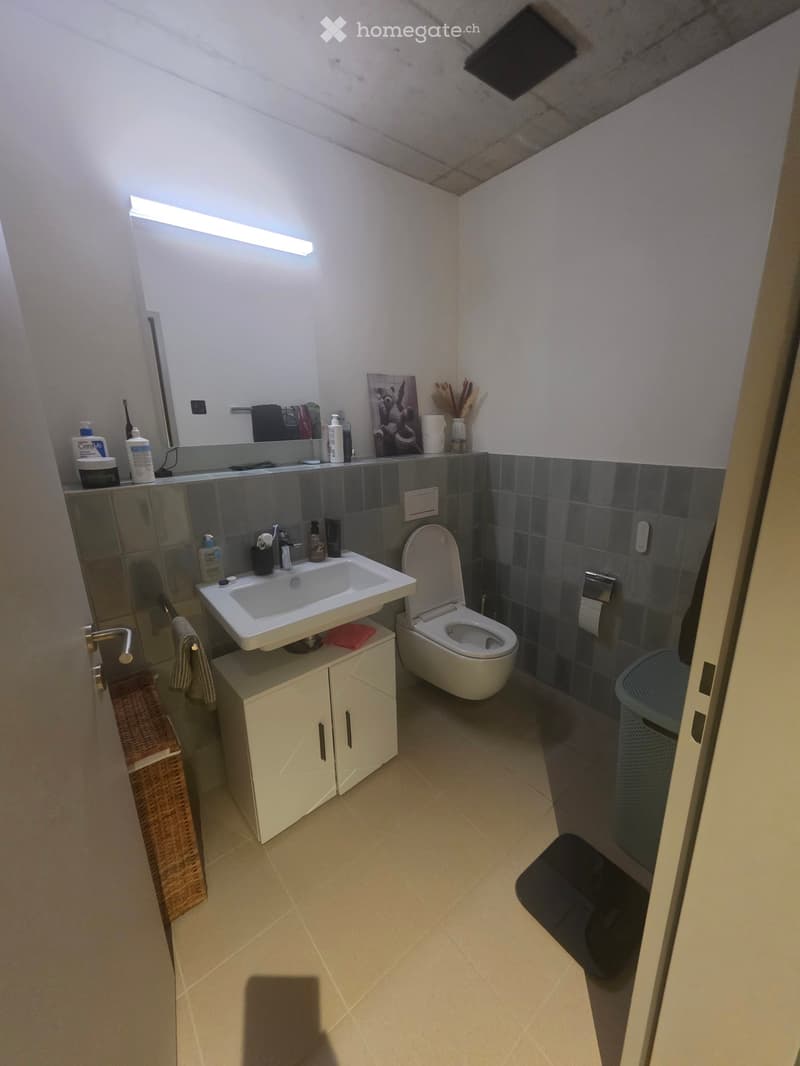 Modern bathroom with a white sink, toilet, mirror, and light-colored tiles. Includes a small cabinet, towel, and various toiletries on the counter.