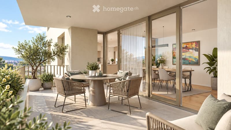 Modern balcony with a round table, wicker chairs, and potted plants, overlooking a scenic view.