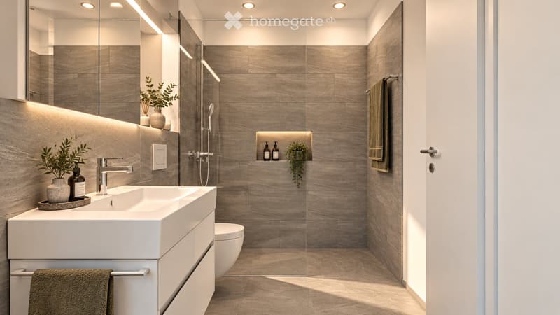 Modern bathroom with a white sink, chrome faucet, large mirror, built-in storage, and a glass-enclosed shower area.