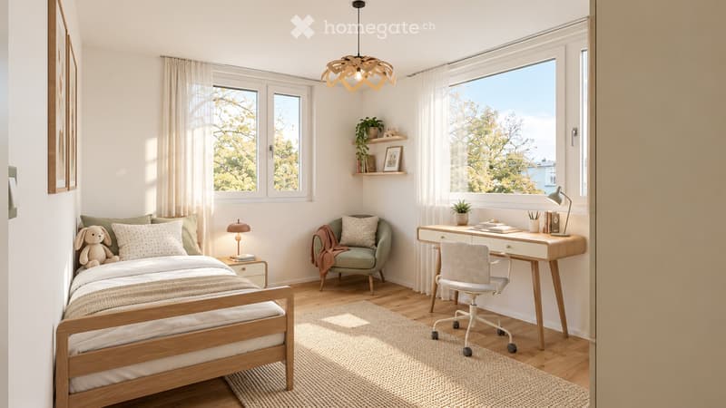 Cozy bedroom with a wooden bed, a green armchair, a modern desk with a chair, and a hanging pendant light. The room features large windows with sheer curtains, a small shelf with plants and decor, and a soft rug on the floor.