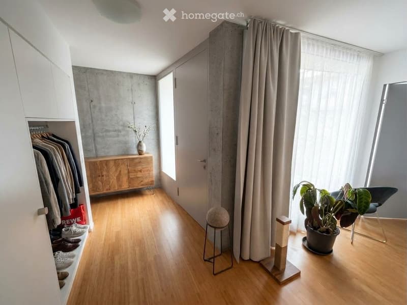 Modern hallway with wooden flooring, white wardrobe, wooden cabinet, small stool, chair, potted plant, and cat tree.