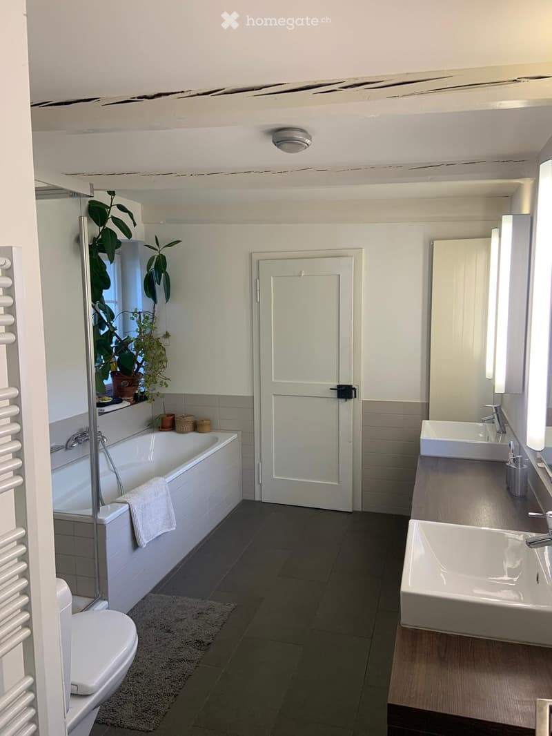 Modern bathroom with a bathtub, toilet, sink, and a radiator. Features a large window with plants on the windowsill and a white door leading out.