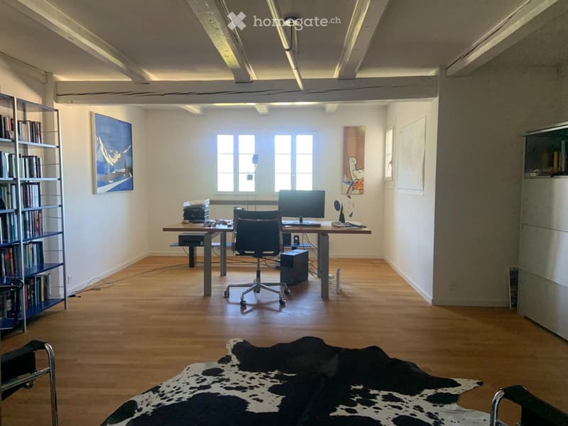 Modern office space with wooden flooring, large windows, a desk with a computer setup, a bookshelf, and a cowhide rug on the floor.