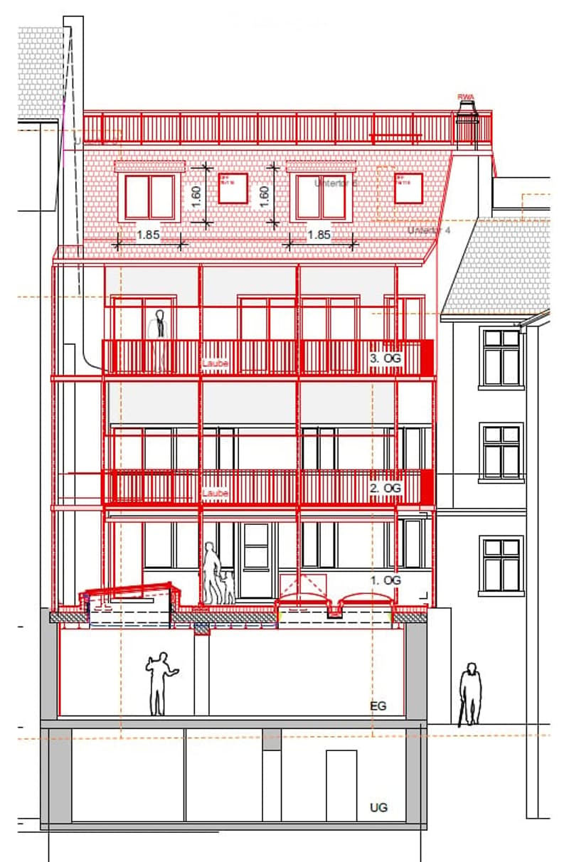 Floor plan of a multi-story building showing ground floor, first floor, second floor, and third floor levels with labeled rooms and dimensions.