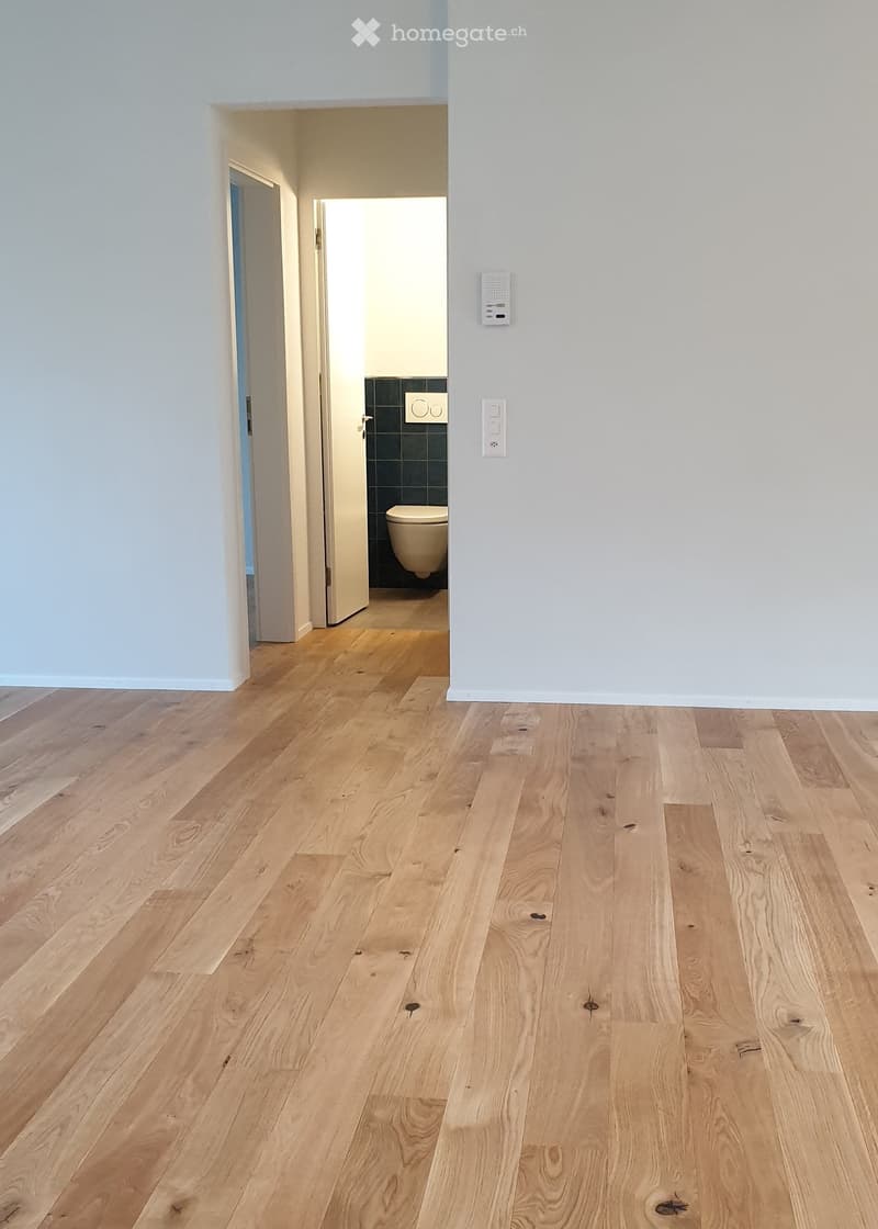 Empty hallway with light wooden flooring and white walls, leading to a bathroom with dark tiles and a toilet.