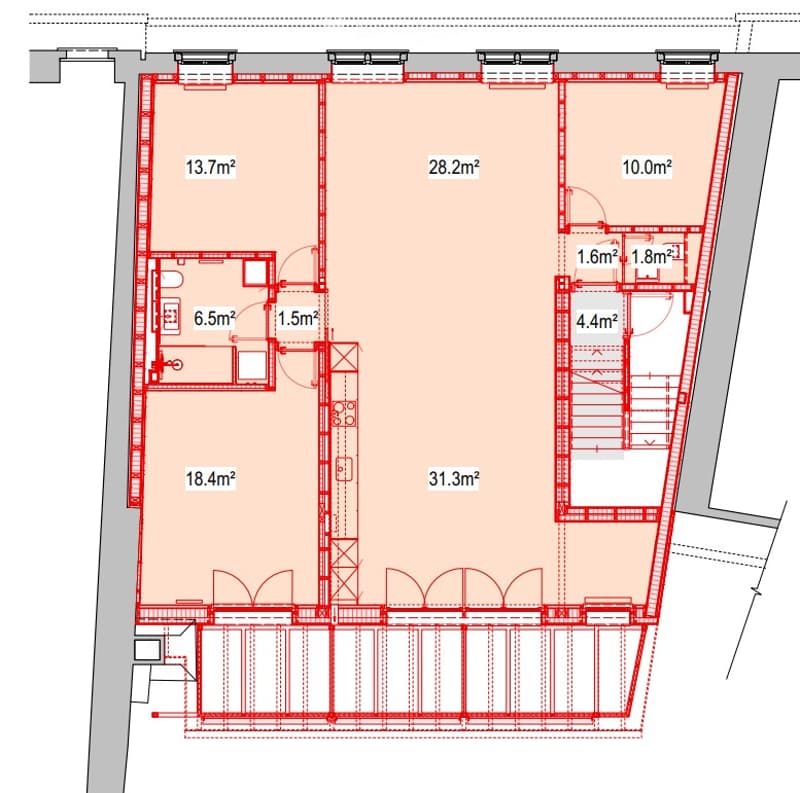 Floor plan of a residential space with multiple rooms and areas, including living spaces, bedrooms, and bathrooms.