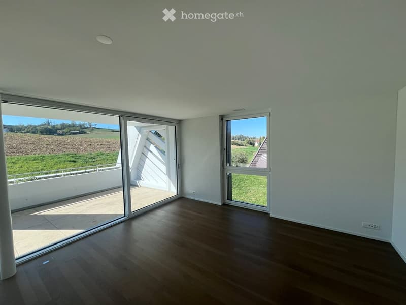Empty room with wooden flooring, white walls, and large glass sliding doors leading to a balcony with a scenic view of a field and trees.