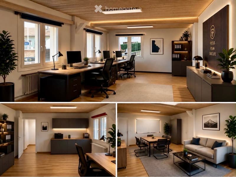Modern office space with a large desk, multiple chairs, computer screens, lamps, cabinets, a sofa, coffee table, and decorative plants.