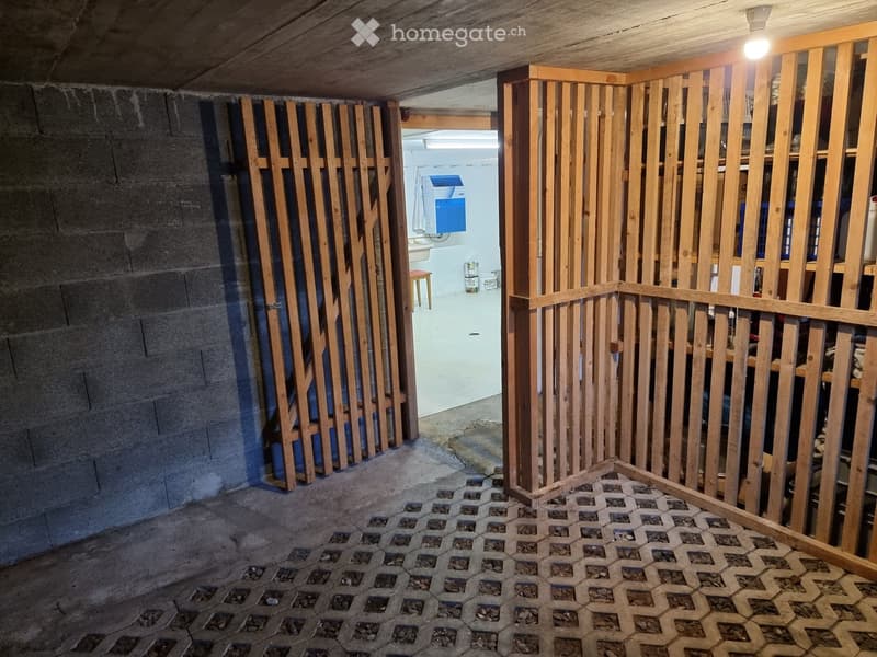 Unfurnished basement space with exposed concrete walls, wooden framing, and a hexagonal tile floor. A small bathroom is visible in the background.