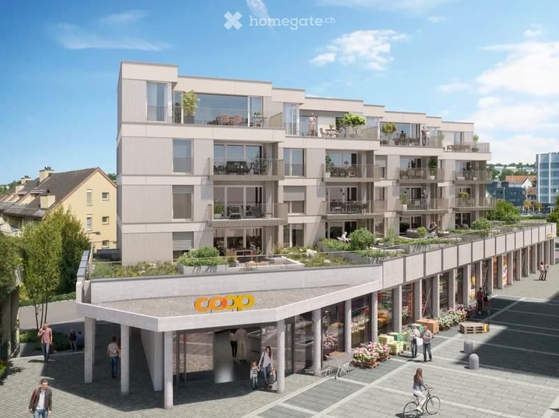 Modern multi-story residential building with balconies, rooftop garden, and ground-floor commercial area with a 'COOP' store sign.