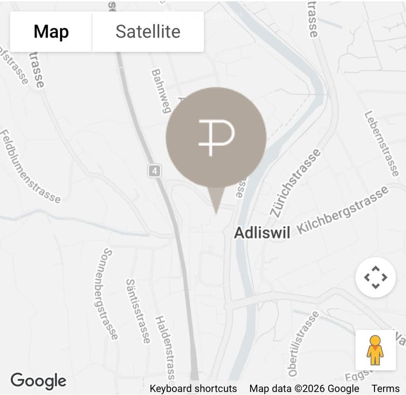 Map view showing a location marker in Adliswil with surrounding streets and geographical features.