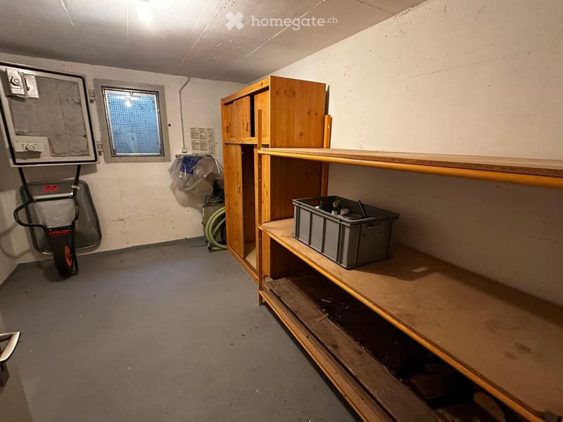 Empty storage room with wooden shelving, a small window, and a grey plastic bin on one shelf.