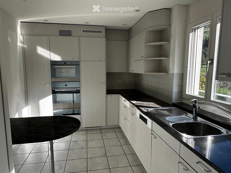 Modern kitchen with light grey cabinets, black countertops, stainless steel sink, and built-in oven.