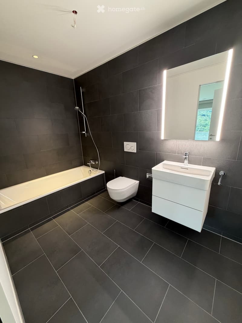 Modern bathroom with dark tiles, a bathtub, toilet, sink, and illuminated mirror.