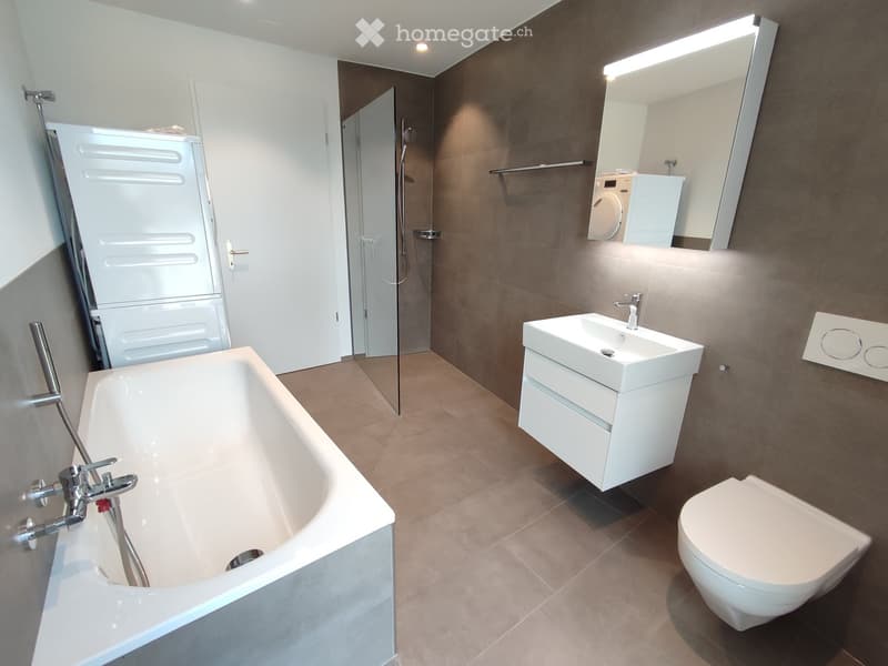 Modern bathroom with a bathtub, sink, toilet, large mirror, and a glass-enclosed shower stall. Features include a built-in sink cabinet, sleek fixtures, and warm lighting.