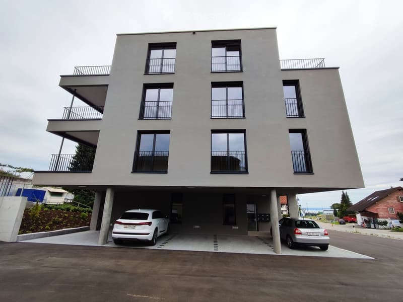 Modern two-story house with a raised ground floor, large windows, balconies, and a covered parking area for two cars.