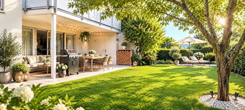 Well-maintained garden with a patio area, outdoor dining set, grill, lounge chairs, umbrella, and decorative plants.