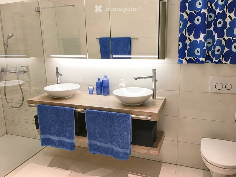 Modern bathroom with double sink vanity, two sinks, two faucets, two blue towels, decorative bottles, and a toilet.