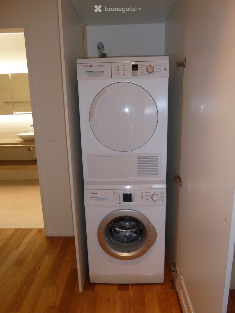 A compact bathroom with a stacked Bosch washing machine and dryer unit, light wooden flooring, and a visible sink area in the background.