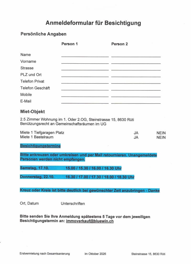 A rental registration form for a 2.5-room apartment in Ruti, Switzerland, with fields for personal details, rental options, and viewing appointment times.