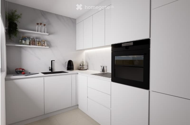 Modern, minimalist kitchen with white cabinets, a built-in oven, a sink with a faucet, and shelves holding jars and bottles.
