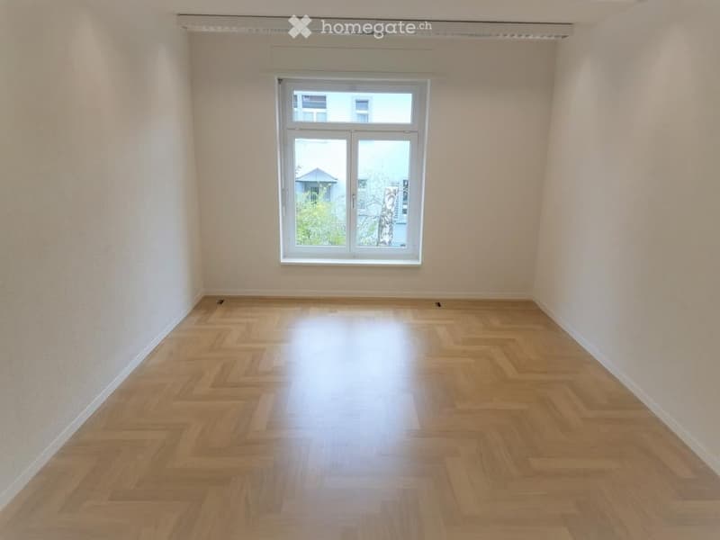 Empty room with light-colored walls and a herringbone-patterned wooden floor, featuring a single window with white frames and a view of the outside.