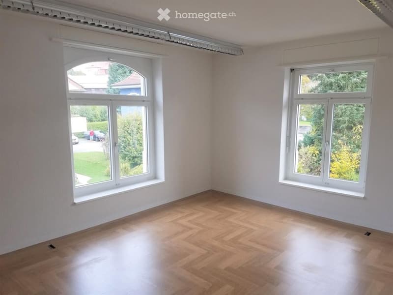 Empty room with light wooden flooring and large windows, showing a view of a garden and parked cars outside.
