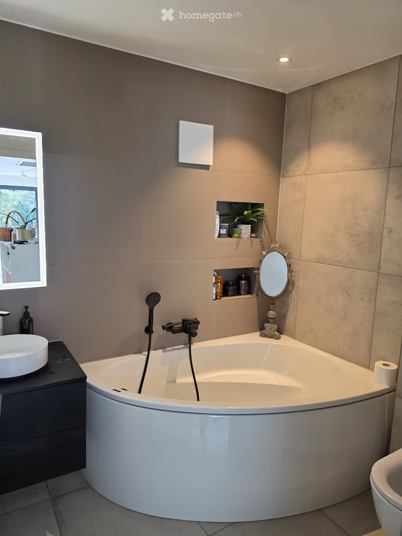 Modern bathroom with a large, corner bathtub, a sleek sink, a stylish mirror, and a toilet. The walls are tiled in neutral tones, and there is a small shelf with toiletries and a decorative plant visible in the background.