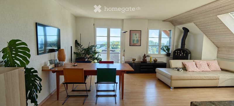 Bright living room with wooden flooring, large windows, a cream-colored sofa with pink cushions, a wooden dining table with chairs, a floor lamp, a TV screen, and a fireplace.