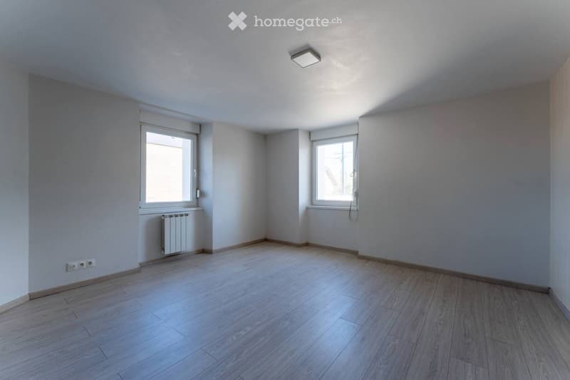 Empty room with light wooden flooring, white walls, two windows, and a radiator under one window.