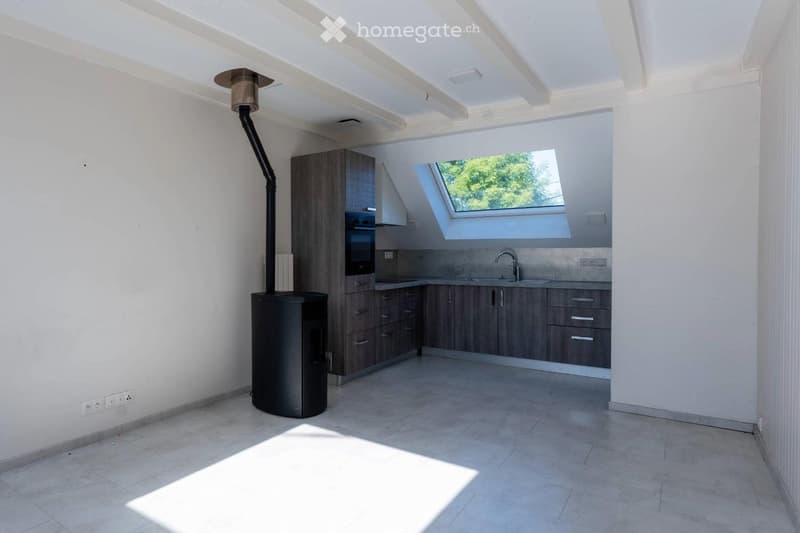Modern kitchen with wooden cabinets, stainless steel sink, and a wood stove. Features a skylight window and tiled floor.