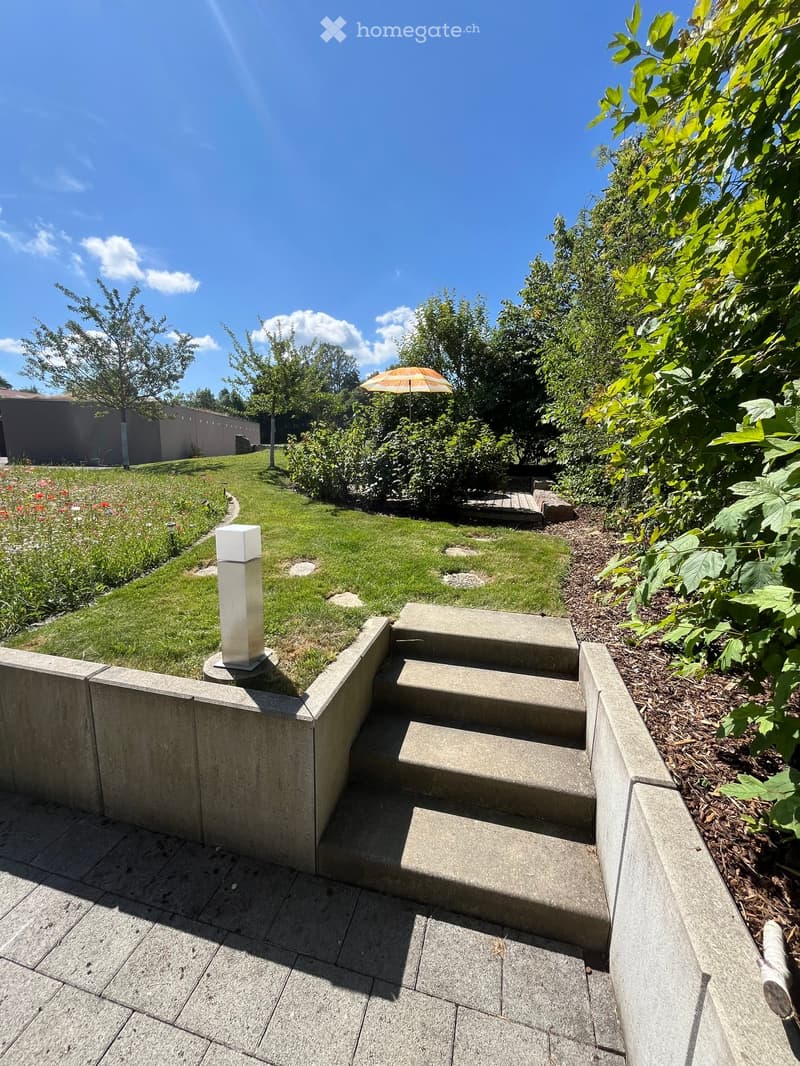 Well-maintained garden with a concrete staircase leading up to a grassy area, surrounded by trees and shrubs. A small umbrella is visible in the background.
