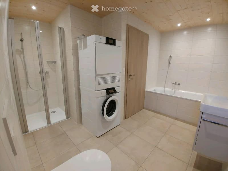 Modern bathroom with a bathtub, toilet, washing machine, and a glass-enclosed shower. The space features tiled walls and a wooden door.