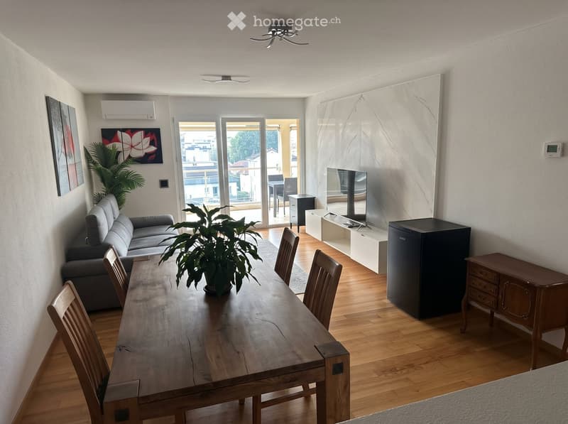 Modern living and dining area with a grey sofa, wooden dining table, chairs, a refrigerator, TV, and a balcony view.