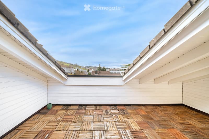 Wooden deck with white wooden walls, green plant, and distant cityscape view.