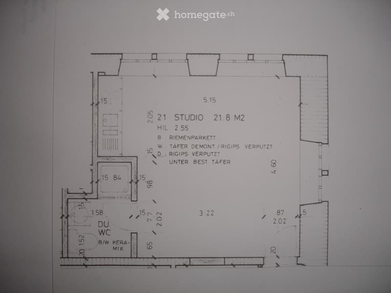 Floor plan of a studio apartment with labeled dimensions and room details, including a bathroom and kitchen area.
