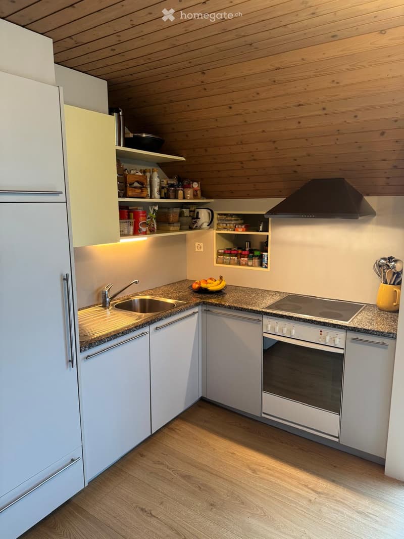 Modern kitchen with white cabinets, wooden ceiling, granite countertops, stainless steel sink, and built-in appliances including a refrigerator, oven, and stove. Shelves hold various kitchen items and a fruit bowl with bananas and apples is on the counter