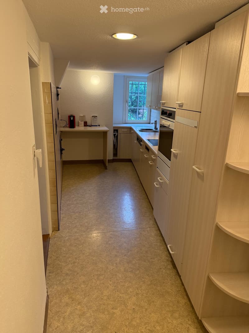 A narrow hallway with light-colored walls, carpeted floor, and recessed lighting. The hallway leads to a kitchen area with white cabinets, a sink, and a small table with a few items on it.