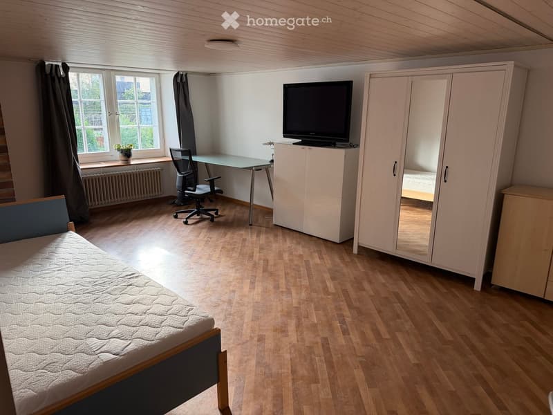 A well-lit bedroom with a wooden floor, a bed, a desk with a chair, a television on a stand, and a large wardrobe with a mirror.