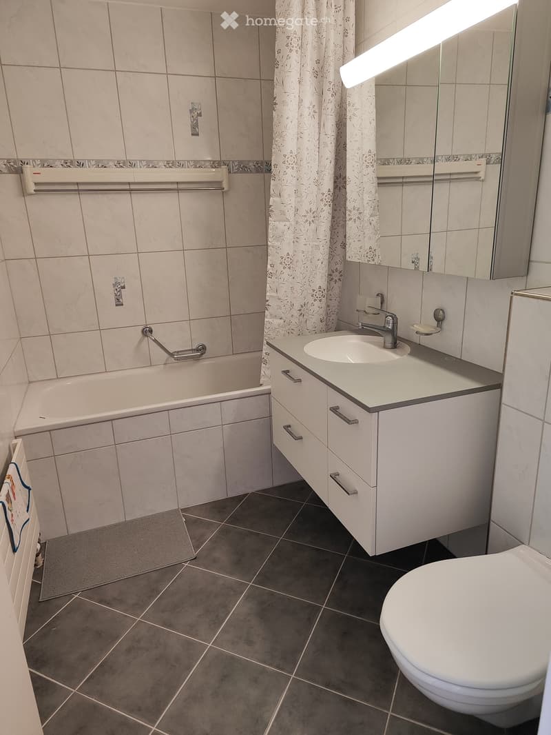 Tiled bathroom with a bathtub, vanity with drawers, and a toilet. The floor is tiled in a dark pattern. There is a curtain covering the window.