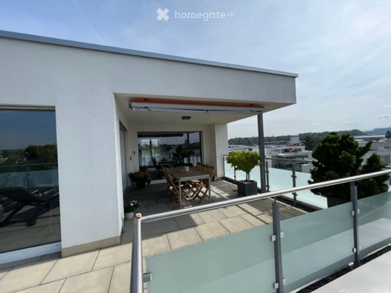 Modern rooftop terrace with glass railing, outdoor dining set, potted plants, and city view.